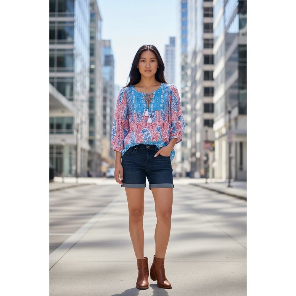 Crown & Ivy Women’s Small Boho Peasant Top Tassel Tie 3/4 Sleeve Coral Blue NWT
